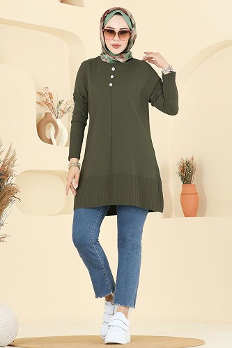 moda selvim Düğme Detaylı Triko Tunik 2715AYD574 Haki - Thumbnail