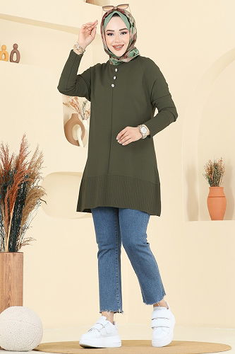 moda selvim Düğme Detaylı Triko Tunik 2715AYD574 Haki - Thumbnail