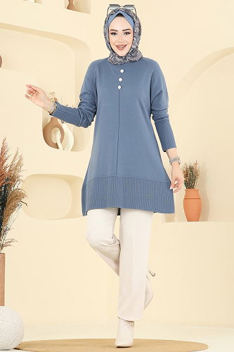 moda selvim Düğme Detaylı Triko Tunik 2715AYD574 İndigo - Thumbnail