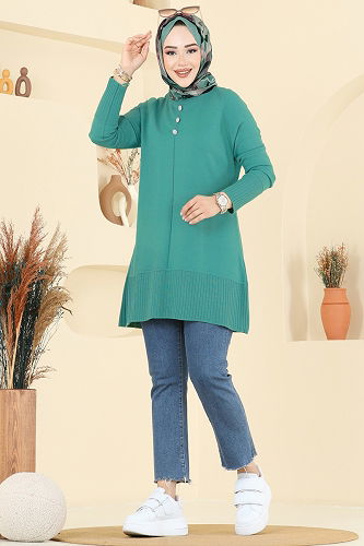 moda selvim Düğme Detaylı Triko Tunik 2715AYD574 Koyu Mint - Thumbnail