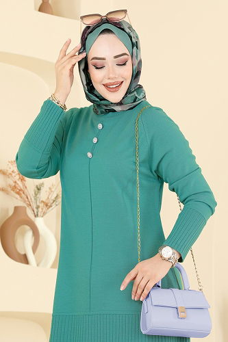 moda selvim Düğme Detaylı Triko Tunik 2715AYD574 Koyu Mint - Thumbnail