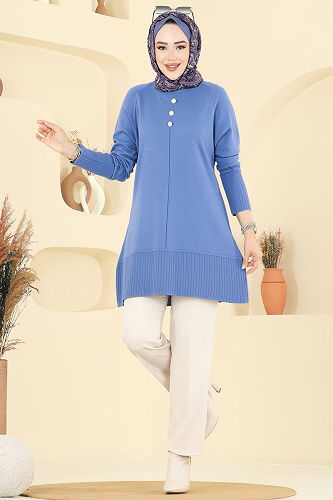 moda selvim Düğme Detaylı Triko Tunik 2715AYD574 Mavi - Thumbnail