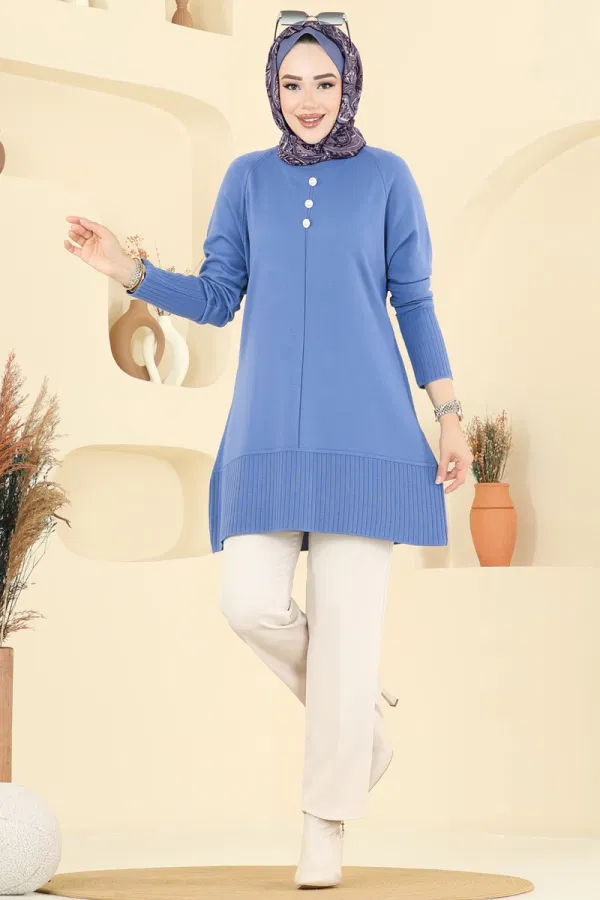 Modaselvim Tunik Düğme Detaylı Triko Tunik 2715AYD574 Mavi