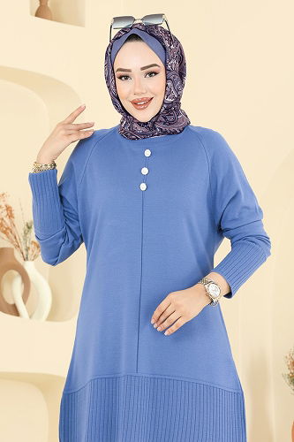 moda selvim Düğme Detaylı Triko Tunik 2715AYD574 Mavi - Thumbnail