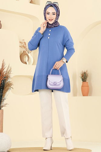 moda selvim Düğme Detaylı Triko Tunik 2715AYD574 Mavi - Thumbnail