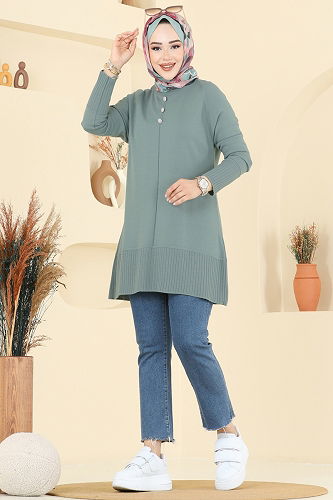 moda selvim Düğme Detaylı Triko Tunik 2715AYD574 Mint - Thumbnail