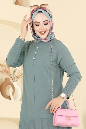 moda selvim Düğme Detaylı Triko Tunik 2715AYD574 Mint - Thumbnail
