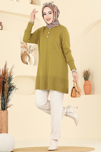 moda selvim Düğme Detaylı Triko Tunik 2715AYD574 Yağ Yeşili - Thumbnail