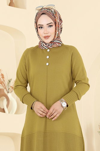 moda selvim Düğme Detaylı Triko Tunik 2715AYD574 Yağ Yeşili - Thumbnail