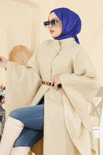 moda selvim Düğme Detaylı Tüvit Panço 1453ANT466 Taş - Thumbnail