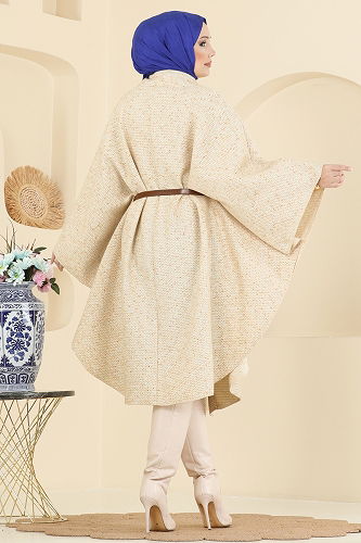 moda selvim Düğme Detaylı Tüvit Panço 1453ANT466 Taş - Thumbnail