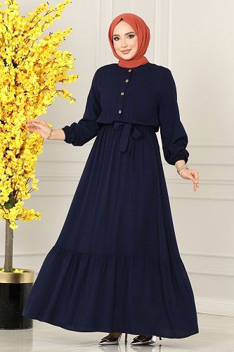 moda selvim Düğme Detaylı Viskon Elbise 1122BG354 Laci - Thumbnail