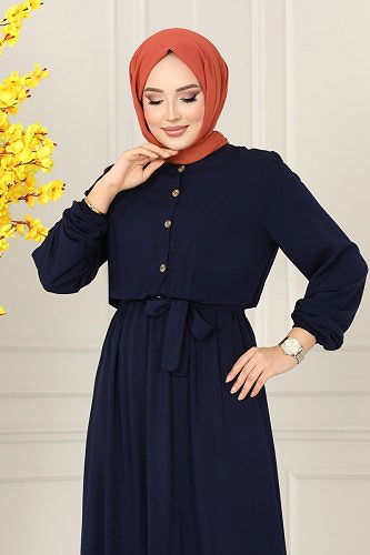 moda selvim Düğme Detaylı Viskon Elbise 1122BG354 Laci - Thumbnail