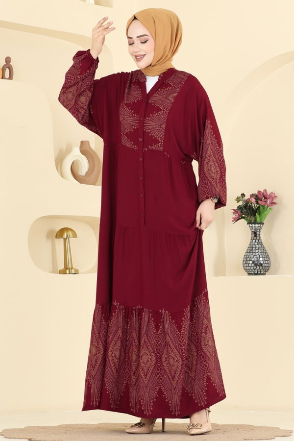 Modaselvim Elbise Düğme Detaylı Viskon Elbise 4097ZNNK1102 Bordo