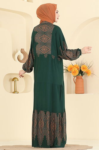 moda selvim Düğme Detaylı Viskon Elbise 4097ZNNK1102 Zümrüt - Thumbnail