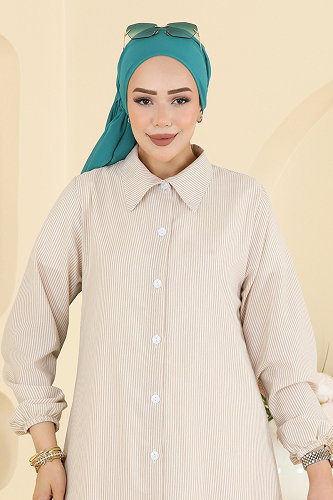 moda selvim Düğme Detaylı Viskon Tunik 177NZRK1200 Bej - Thumbnail