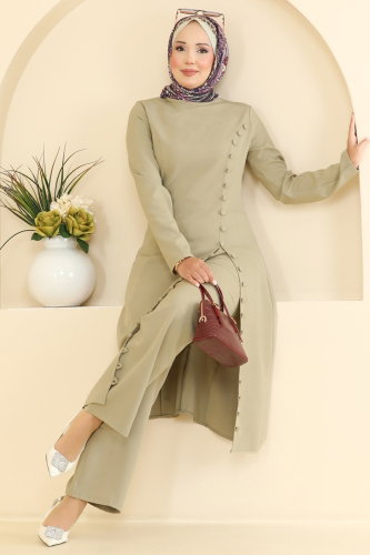 S.L. - Düğme Detaylı Yırtmaçlı 2 li Tunik 2961SL432 Çağla