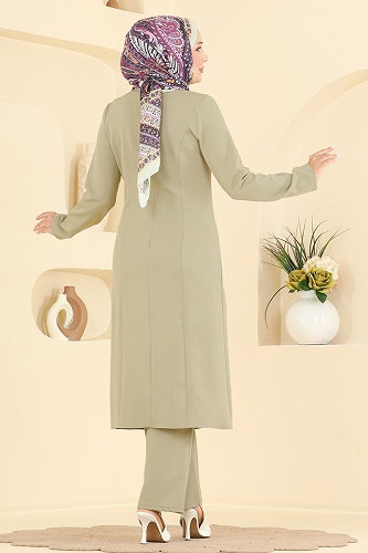 moda selvim Düğme Detaylı Yırtmaçlı 2 li Tunik 2961SL432 Çağla - Thumbnail
