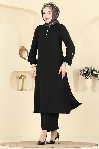 moda selvim Düğmeli 2 li Aerobin Takım 3034SMD1186 Siyah - Thumbnail