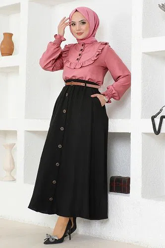 moda selvim Düğmeli Aerobin Etekli Takım 4571AL357 Gül Kurusu&Siyah - Thumbnail