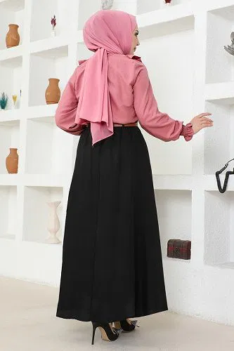 moda selvim Düğmeli Aerobin Etekli Takım 4571AL357 Gül Kurusu&Siyah - Thumbnail