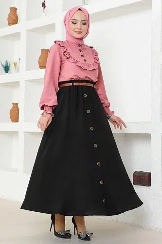 moda selvim Düğmeli Aerobin Etekli Takım 4571AL357 Gül Kurusu&Siyah - Thumbnail