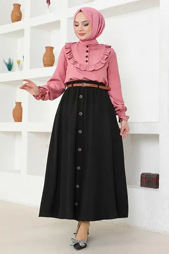 moda selvim Düğmeli Aerobin Etekli Takım 4571AL357 Gül Kurusu&Siyah - Thumbnail