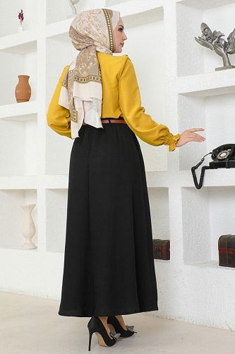 moda selvim Düğmeli Aerobin Etekli Takım 4571AL357 Hardal&Siyah - Thumbnail