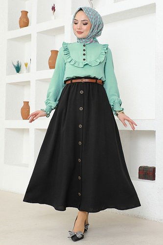 moda selvim Düğmeli Aerobin Etekli Takım 4571AL357 Mint&Siyah - Thumbnail