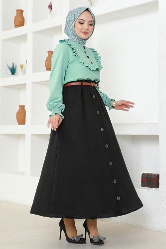 moda selvim Düğmeli Aerobin Etekli Takım 4571AL357 Mint&Siyah - Thumbnail