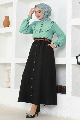 moda selvim Düğmeli Aerobin Etekli Takım 4571AL357 Mint&Siyah - Thumbnail