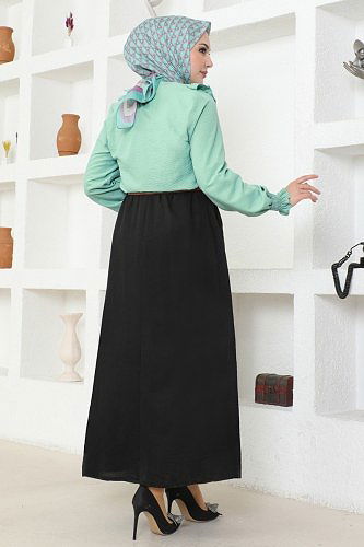 moda selvim Düğmeli Aerobin Etekli Takım 4571AL357 Mint&Siyah - Thumbnail