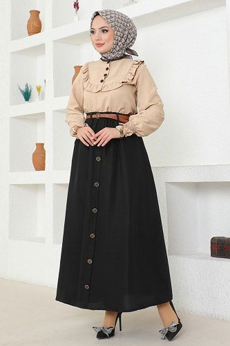 moda selvim Düğmeli Aerobin Etekli Takım 4571AL357 Vizyon&Siyah - Thumbnail