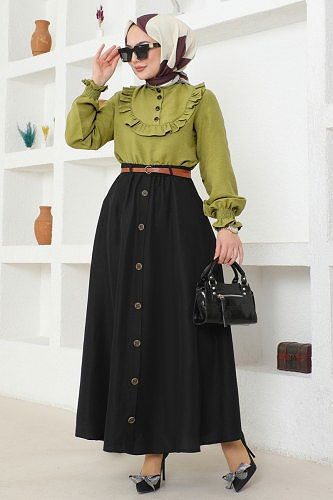 moda selvim Düğmeli Aerobin Etekli Takım 4571AL357 Yağ Yeşili&Siyah - Thumbnail