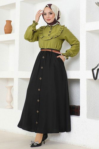 moda selvim Düğmeli Aerobin Etekli Takım 4571AL357 Yağ Yeşili&Siyah - Thumbnail