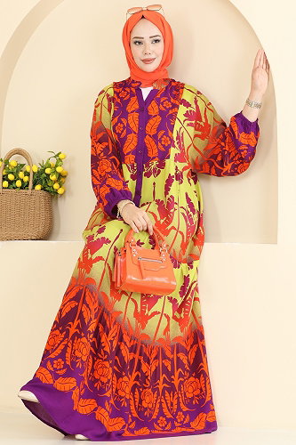 moda selvim Düğmeli Desenli Viskon Elbise 5577ZNNK1102 Sarı - Thumbnail