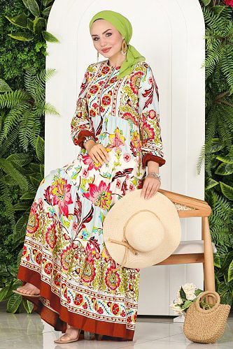 moda selvim Düğmeli Desenli Viskon Elbise 7070VTN849 Bordo - Thumbnail