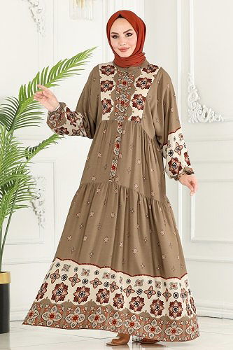 moda selvim Düğmeli Desenli Viskon Elbise 7104BG354 Vizyon - Thumbnail