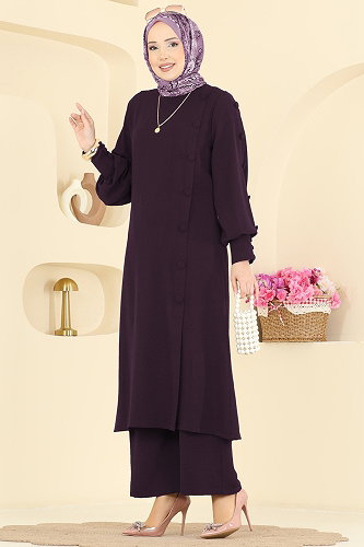 moda selvim Düğmeli Detaylı 2 li Takım 8317AB368 Açık Mürdüm - Thumbnail