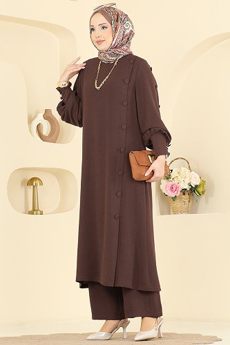 moda selvim Düğmeli Detaylı 2 li Takım 8317AB368 Kahve - Thumbnail