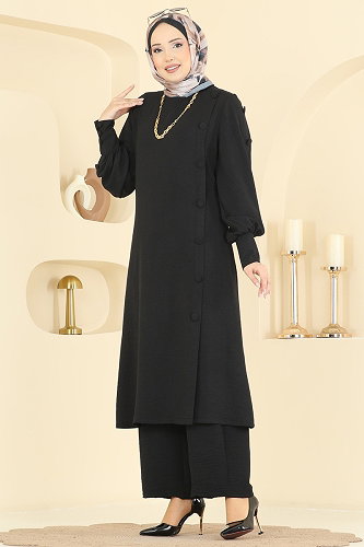 moda selvim Düğmeli Detaylı 2 li Takım 8317AB368 Siyah - Thumbnail