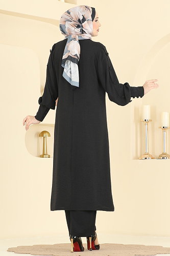 moda selvim Düğmeli Detaylı 2 li Takım 8317AB368 Siyah - Thumbnail