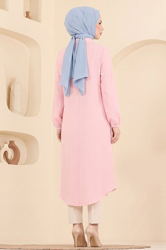 moda selvim Düğmeli Gömlek Yaka Tunik 175NZRK1200 Açık Pembe - Thumbnail