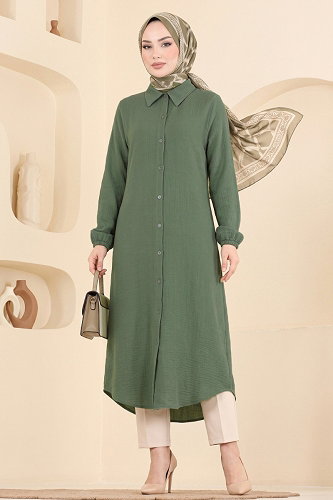 moda selvim Düğmeli Gömlek Yaka Tunik 175NZRK1200 Haki - Thumbnail