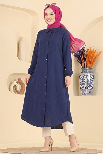moda selvim Düğmeli Gömlek Yaka Tunik 175NZRK1200 Laci - Thumbnail