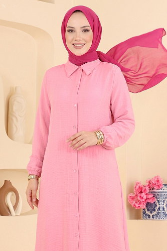 moda selvim Düğmeli Gömlek Yaka Tunik 175NZRK1200 Pembe - Thumbnail