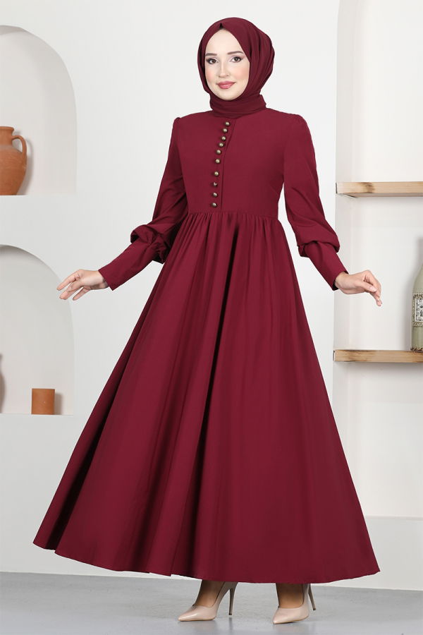 Modaselvim Elbise Düğmeli Krep Elbise ASM2655-M Bordo