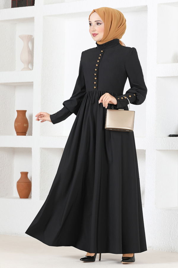 Modaselvim Elbise Düğmeli Krep Elbise ASM2655-M Siyah