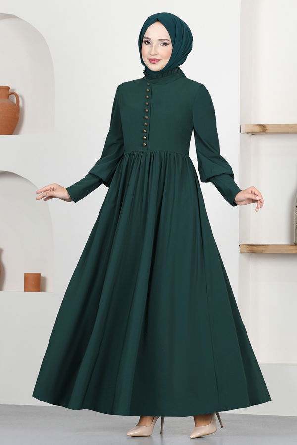 Modaselvim Elbise Düğmeli Krep Elbise ASM2655-M Zümrüt