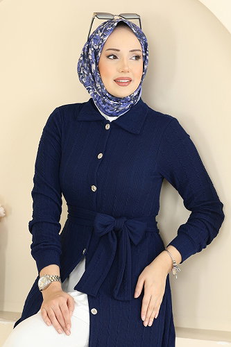 moda selvim Düğmeli Kuşaklı Uzun Elbise 220BO429 Laci - Thumbnail